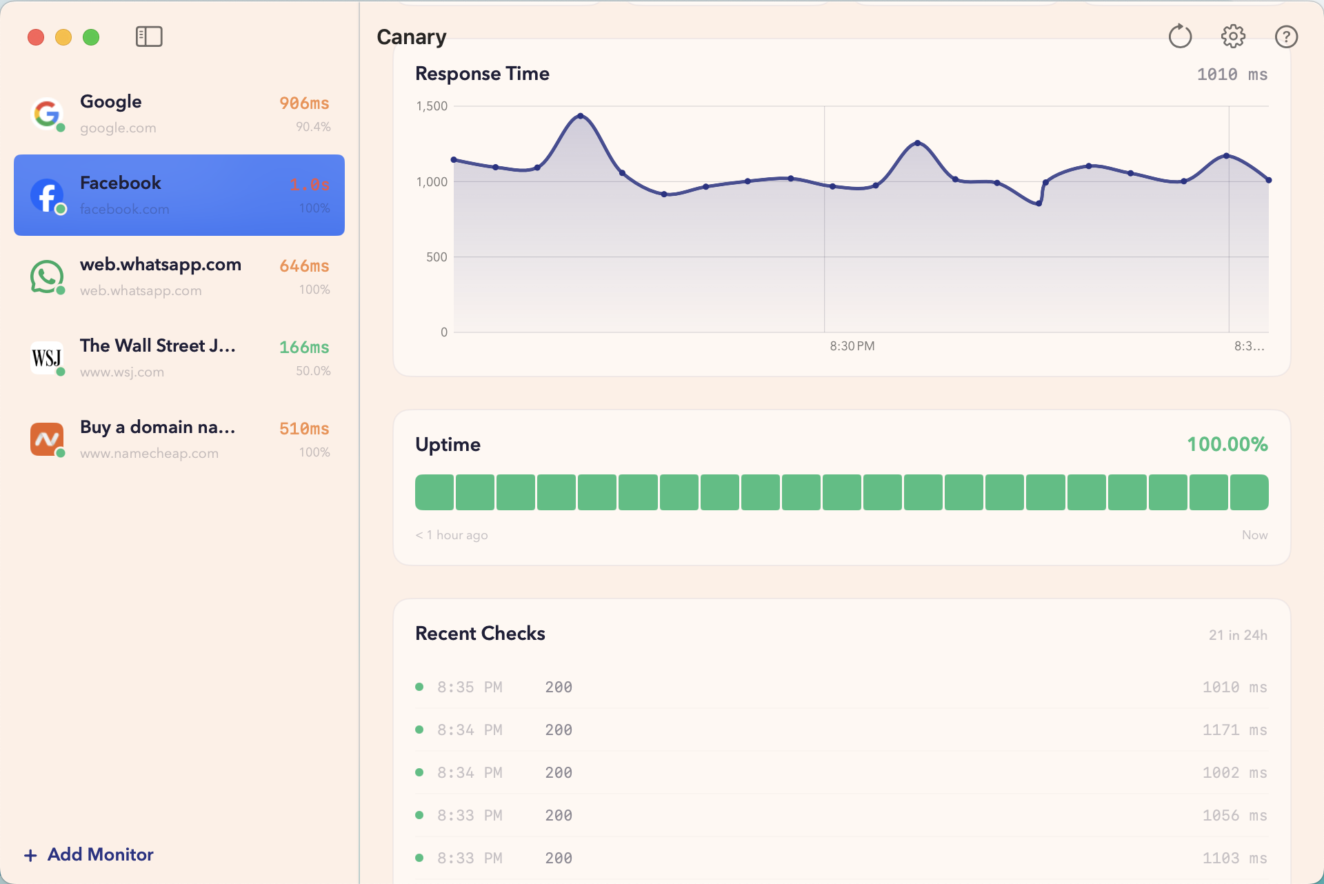 Google monitor detail with full response time chart