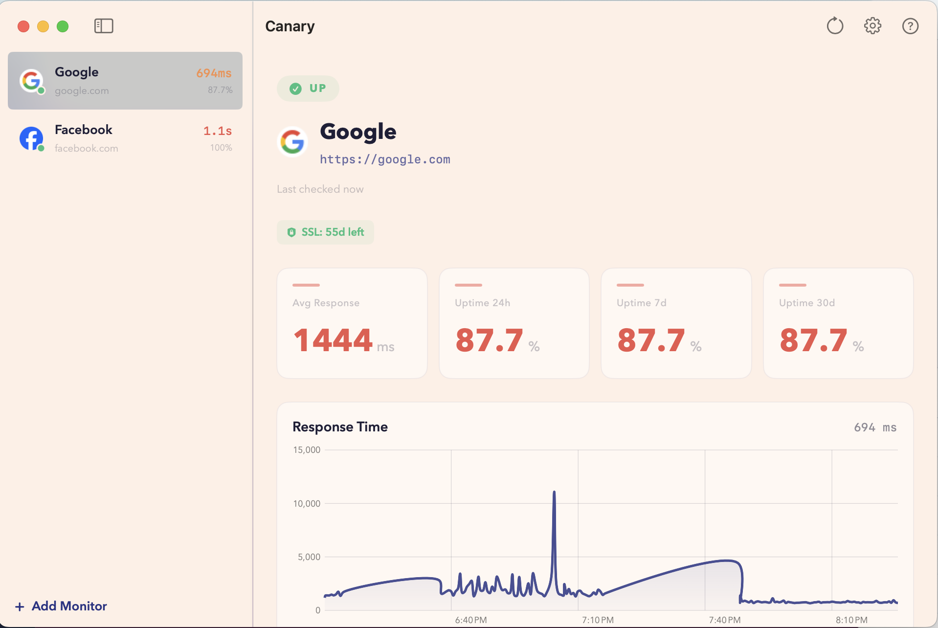 Canary dashboard showing response times and uptime