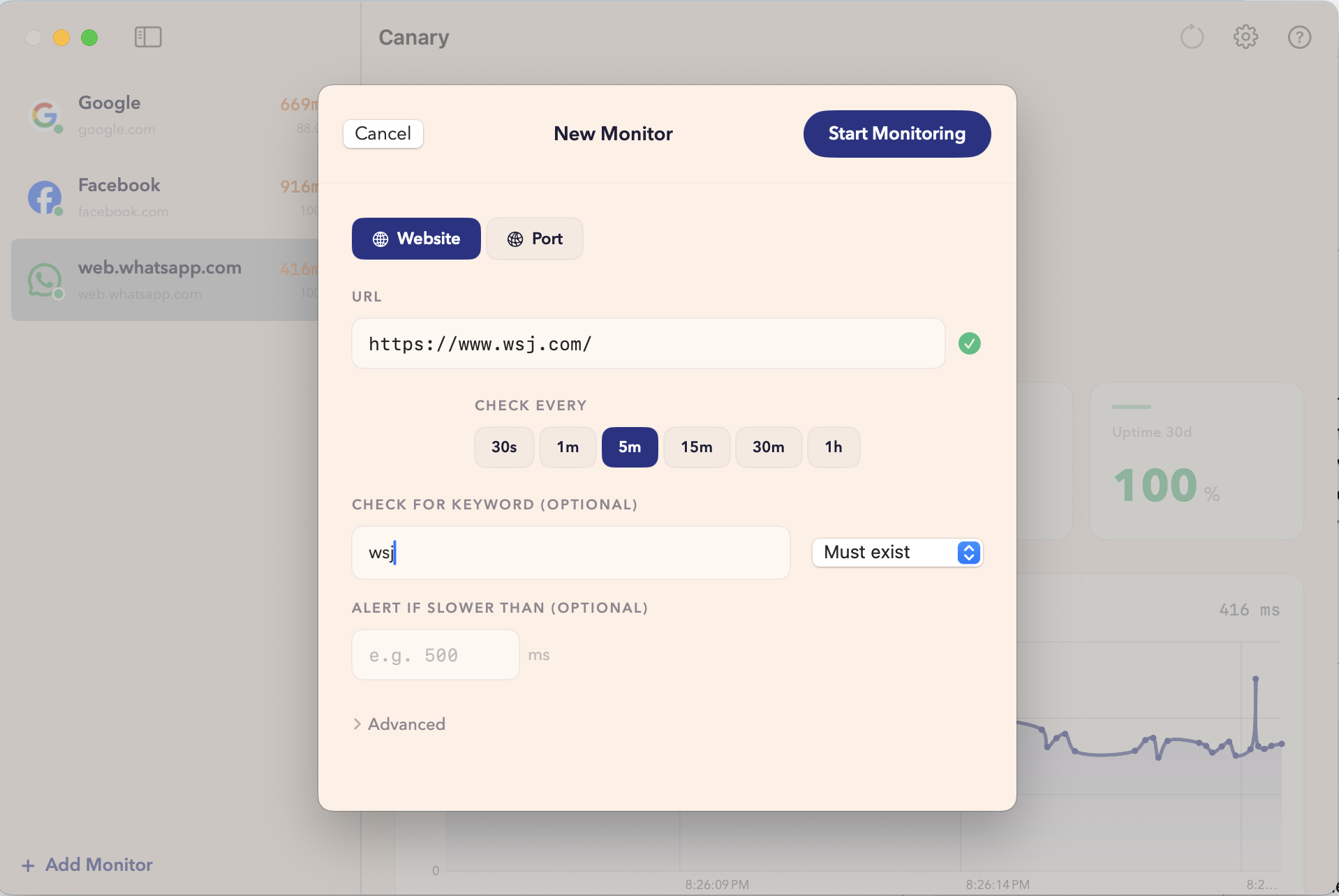 Menu bar dropdown showing red bird icon and monitor list