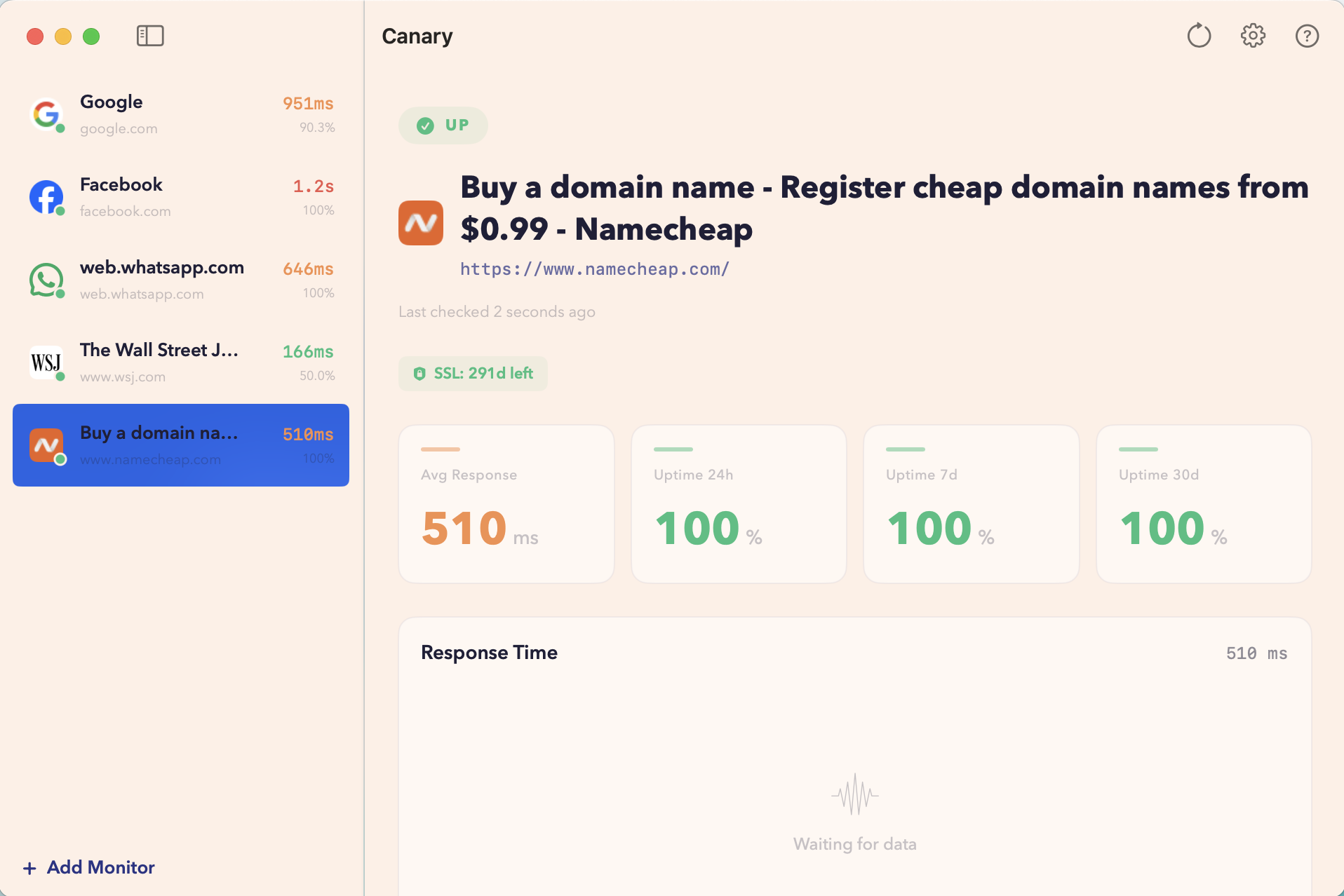WhatsApp monitor detail showing SSL certificate badge