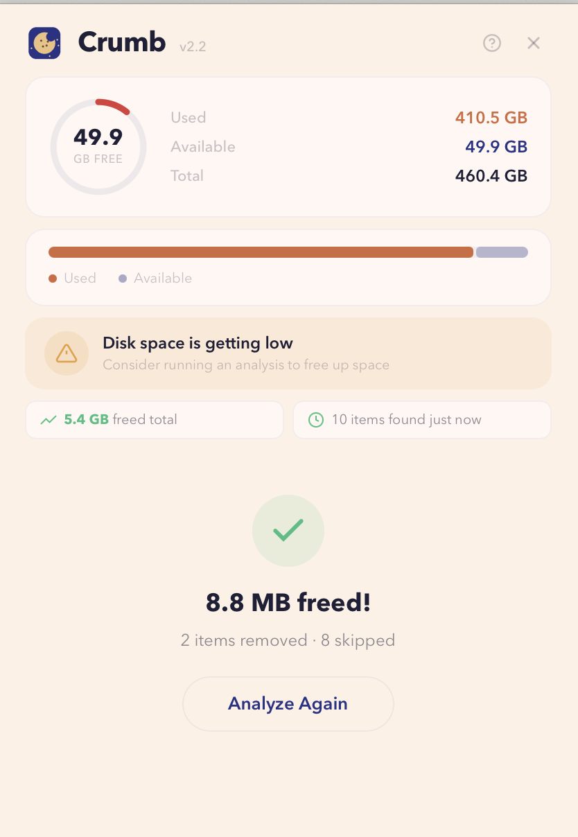 Crumb showing 10 GB reclaimable disk space